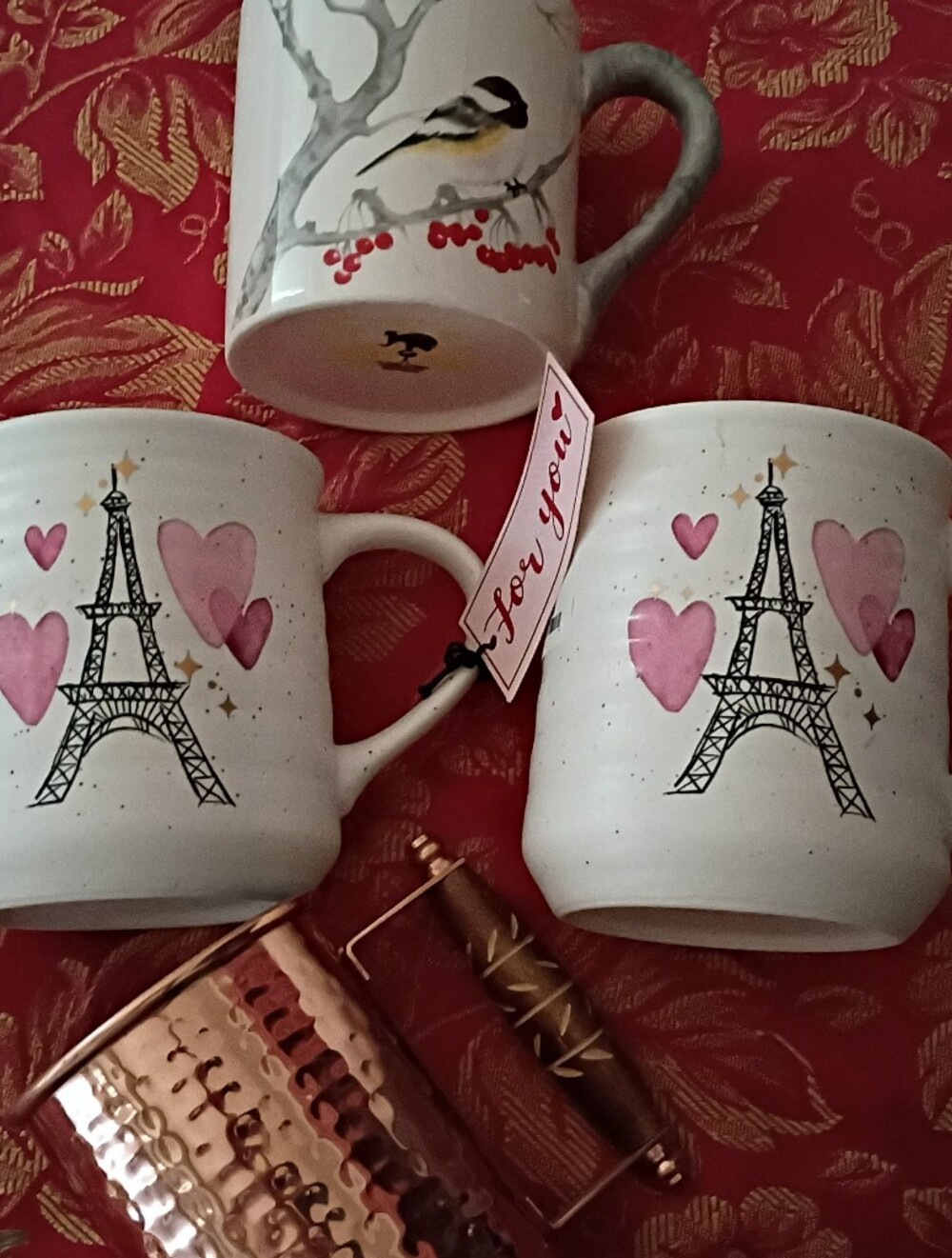 Ceramic Mugs 🩷 Heart Accents -  5 🐦 Mug & Copper + 🍷 NWT